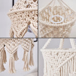 lampe suspendue boho macramé blanc cassé motifs géométriques boule bois franges decoration maison salon