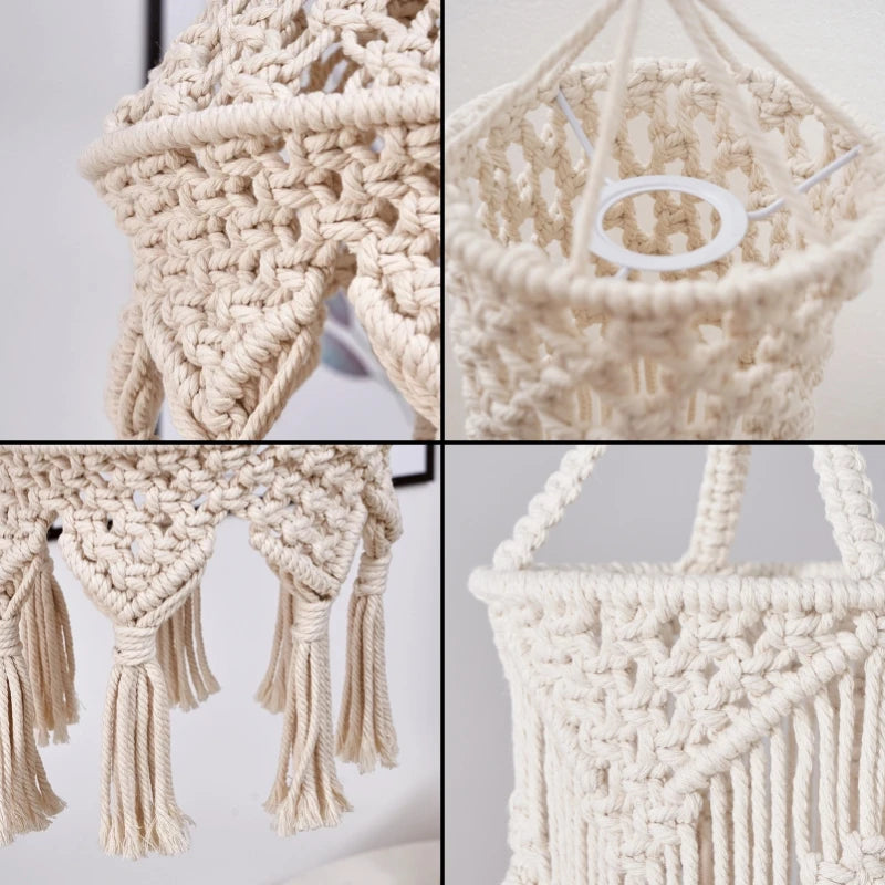 lampe suspendue boho macramé blanc cassé motifs géométriques boule bois franges decoration maison salon