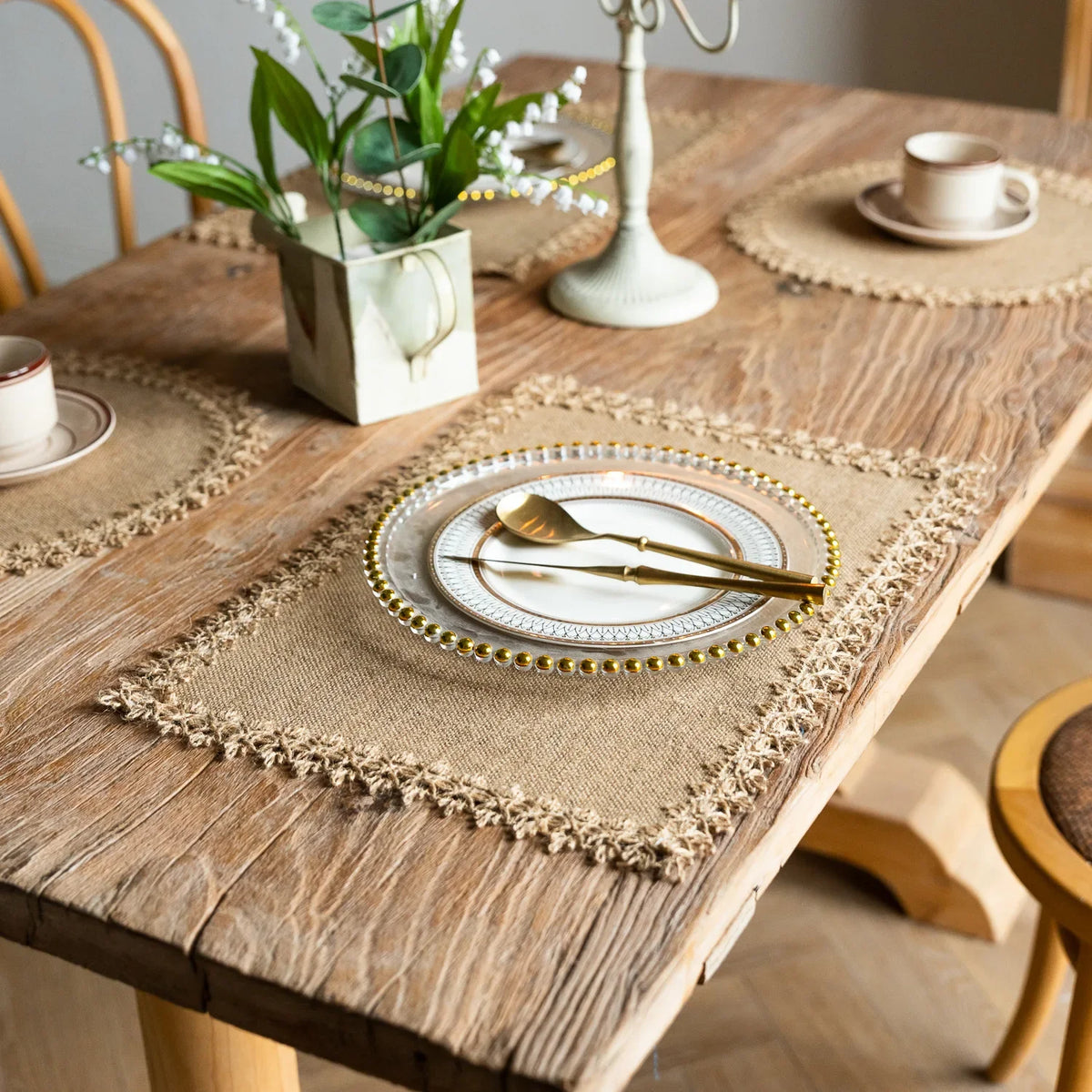serviettes table beige blanc tissu naturel franges rustique chic noël mariage fêtes anniversaire