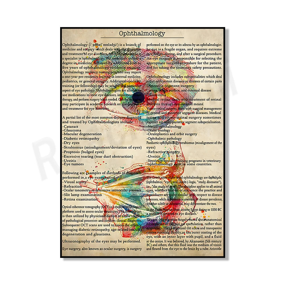 Représentation visuelle détaillée de l'ophtalmologie, une branche de la médecine qui traite le diagnostic et le traitement des maladies de l'œil, comprenant une liste des principales pathologies oculaires ainsi que les méthodes d'examen et de chirurgie de l'œil.
