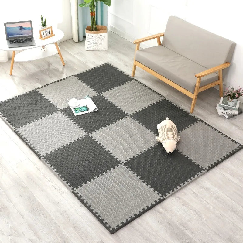 tapis sol mousse pvc gris blanc carreaux géométriques puzzle sport fitness yoga