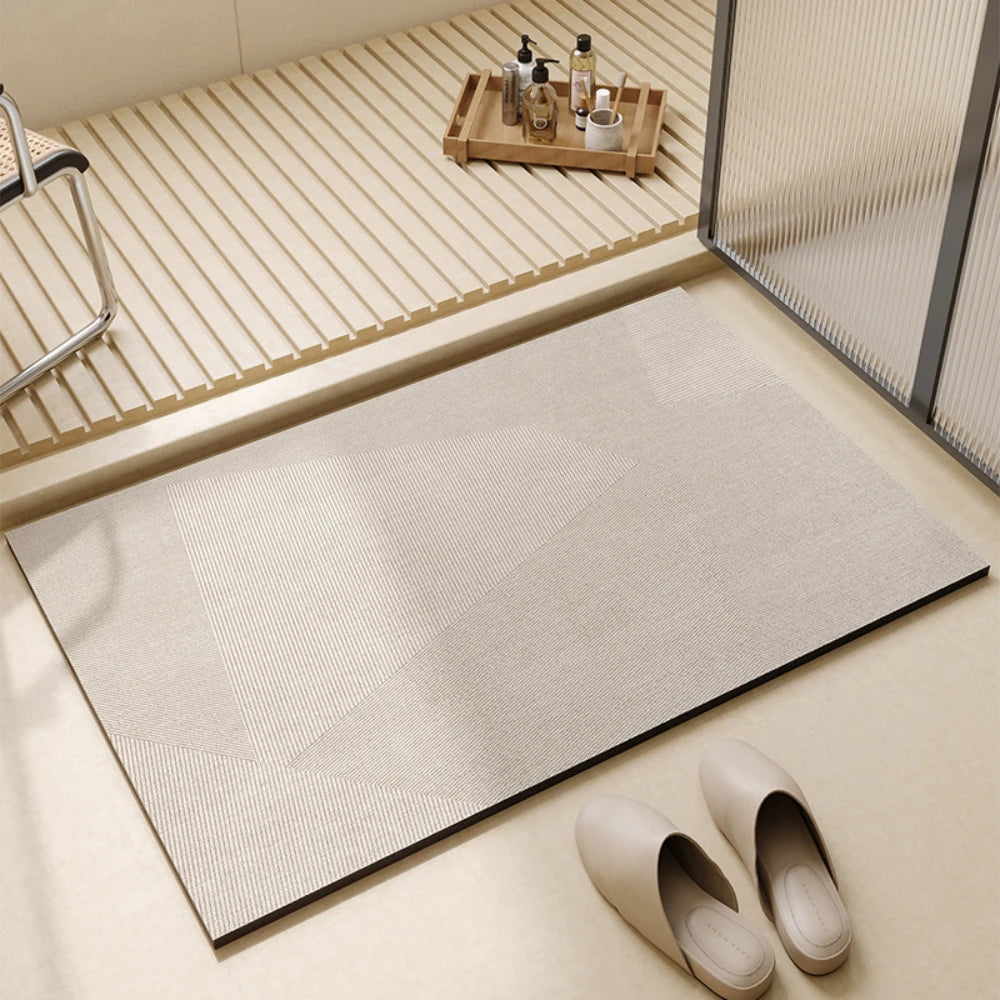tapis sol moderne antidérapant rayures horizontales beige clair rapide absorption salle bain porte usage