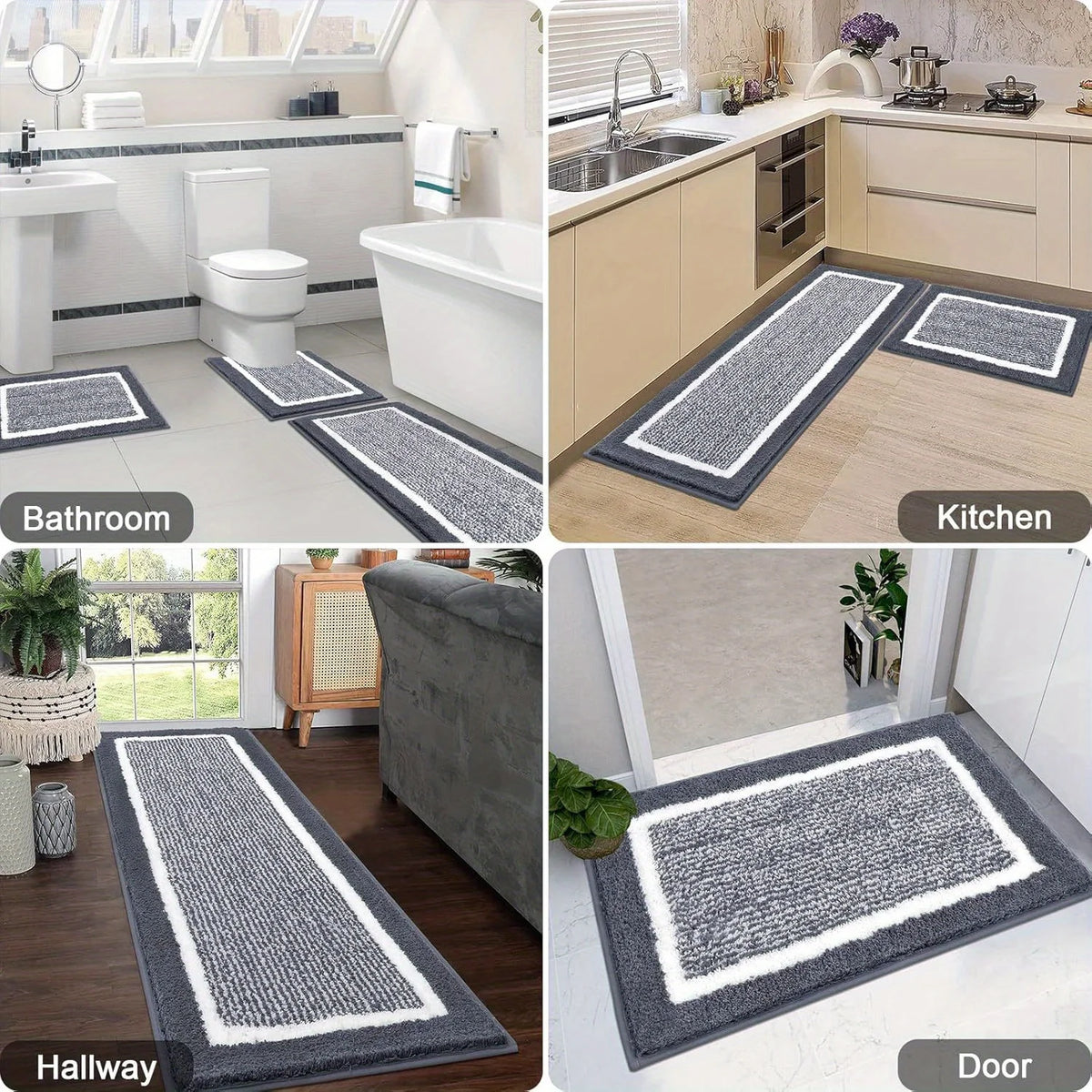 tapis sol microfibre moderne gris blanc bordure blanche antidérapant salle bain