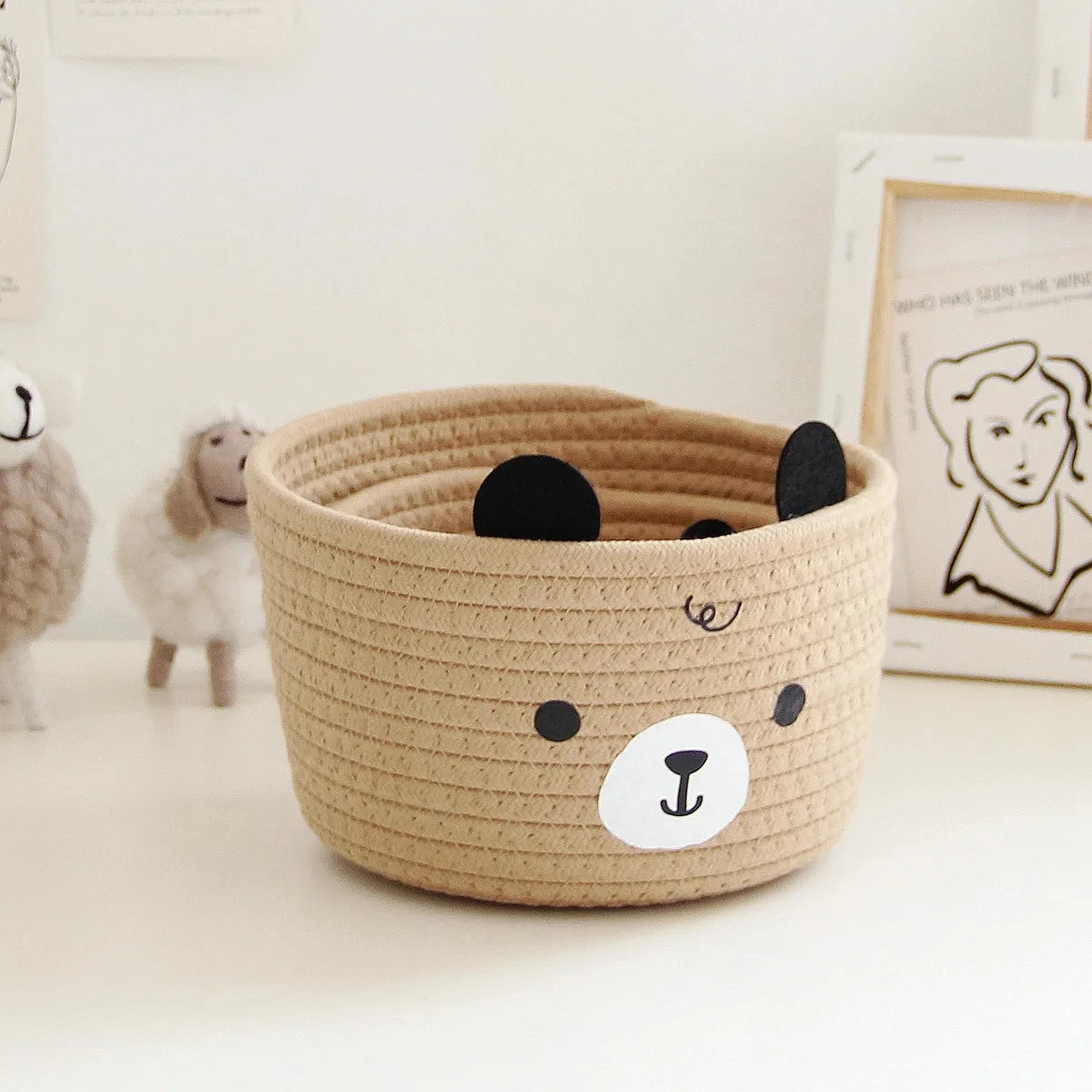 panier rangement enfant motif ours tissé décoratif chambre petit coffre textile pliable beige