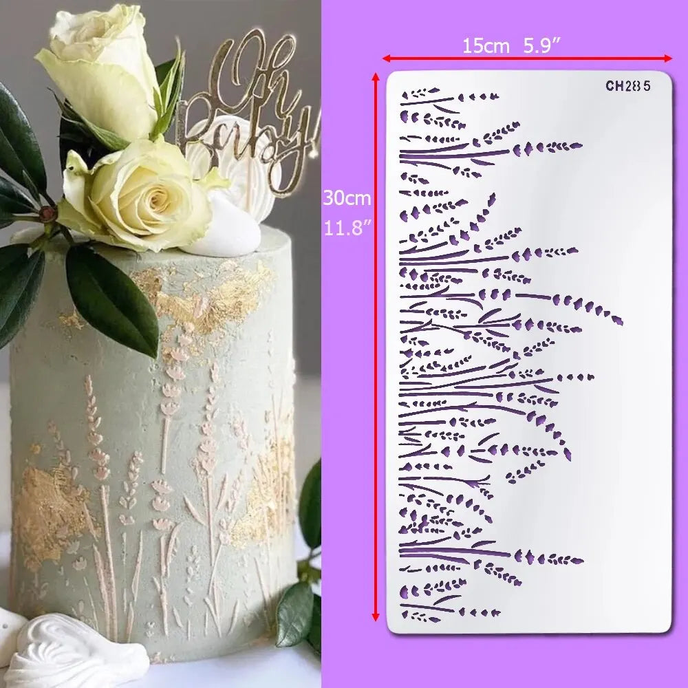 décoration gâteau pochoir floral motif lavande herbes hautes transparent blanc violet rustic