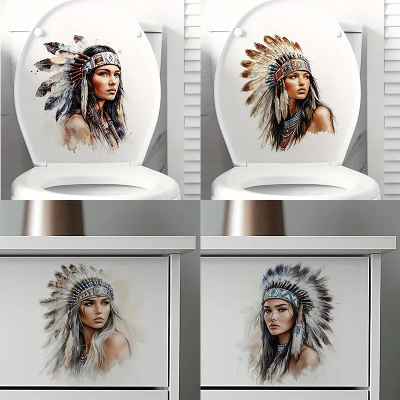 sticker autocollant portrait femme amérindienne chapeau traditionnel multicolore moderne pvc