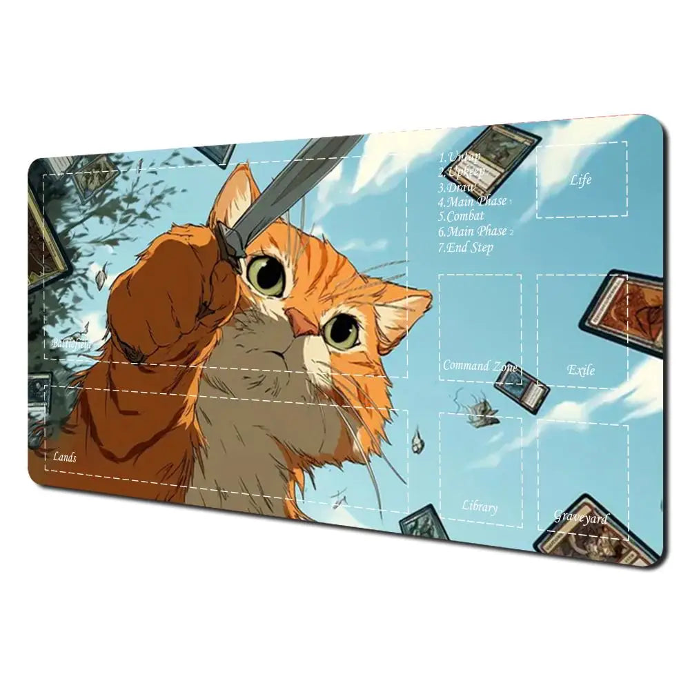 tapis jeu playmat chat épée cartes géométrique orange noir rouge illustration animateur