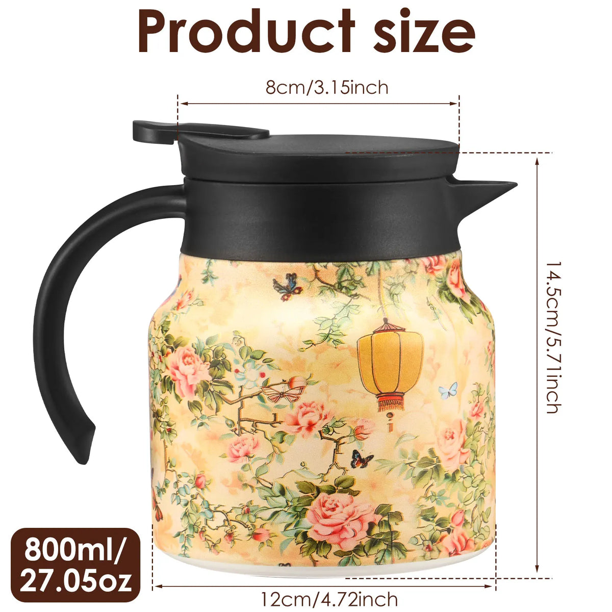 théière thermique acier inoxydable fleurs vintage poignée bois tasse assiette plateau