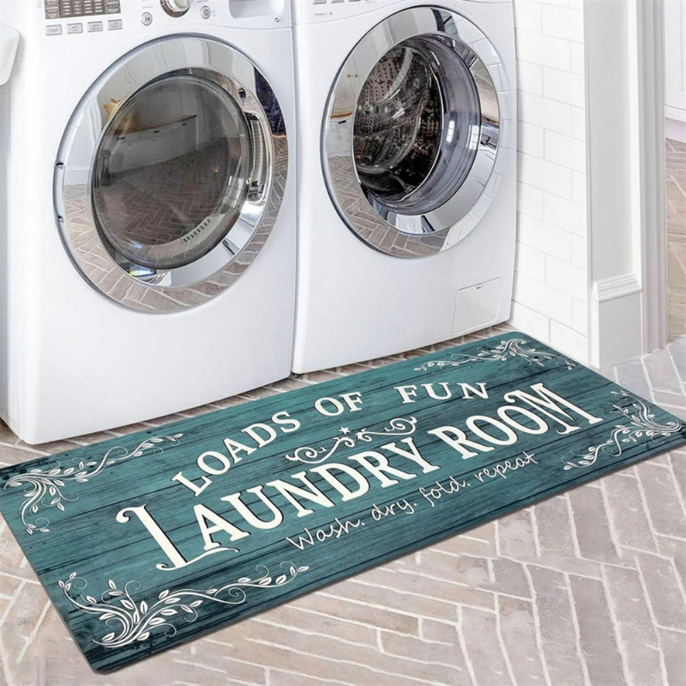 tapis sol buanderie lavable antidérapant motif géométrique vintage texte laundry room cuisine salon