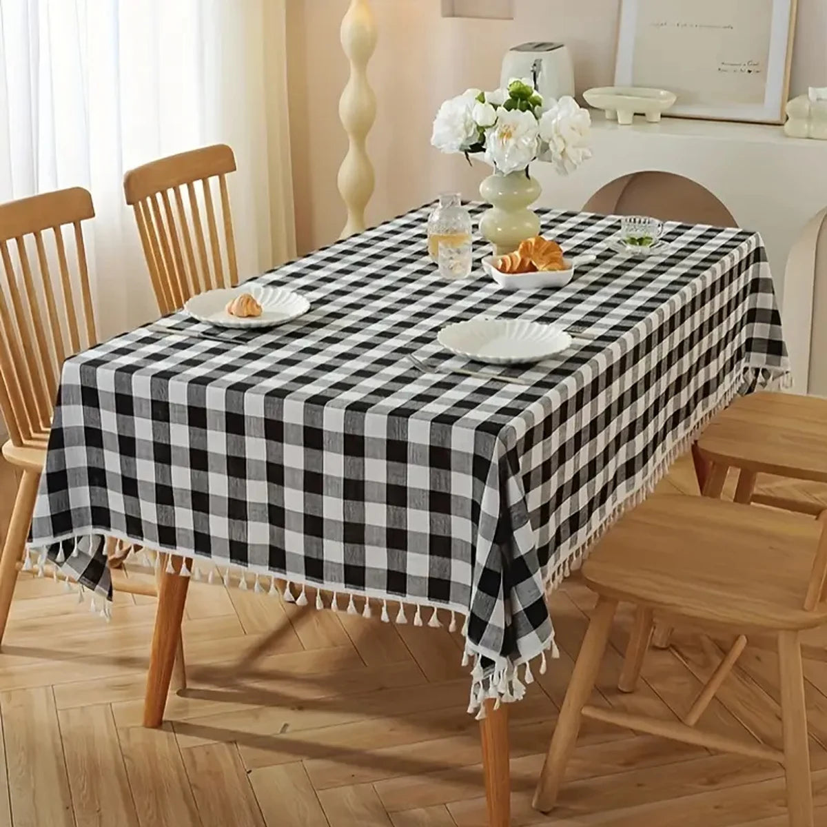 nappe table carreaux géométriques beige blanc noir tassellets classique rustique polyester imperméableextérieurintérieur