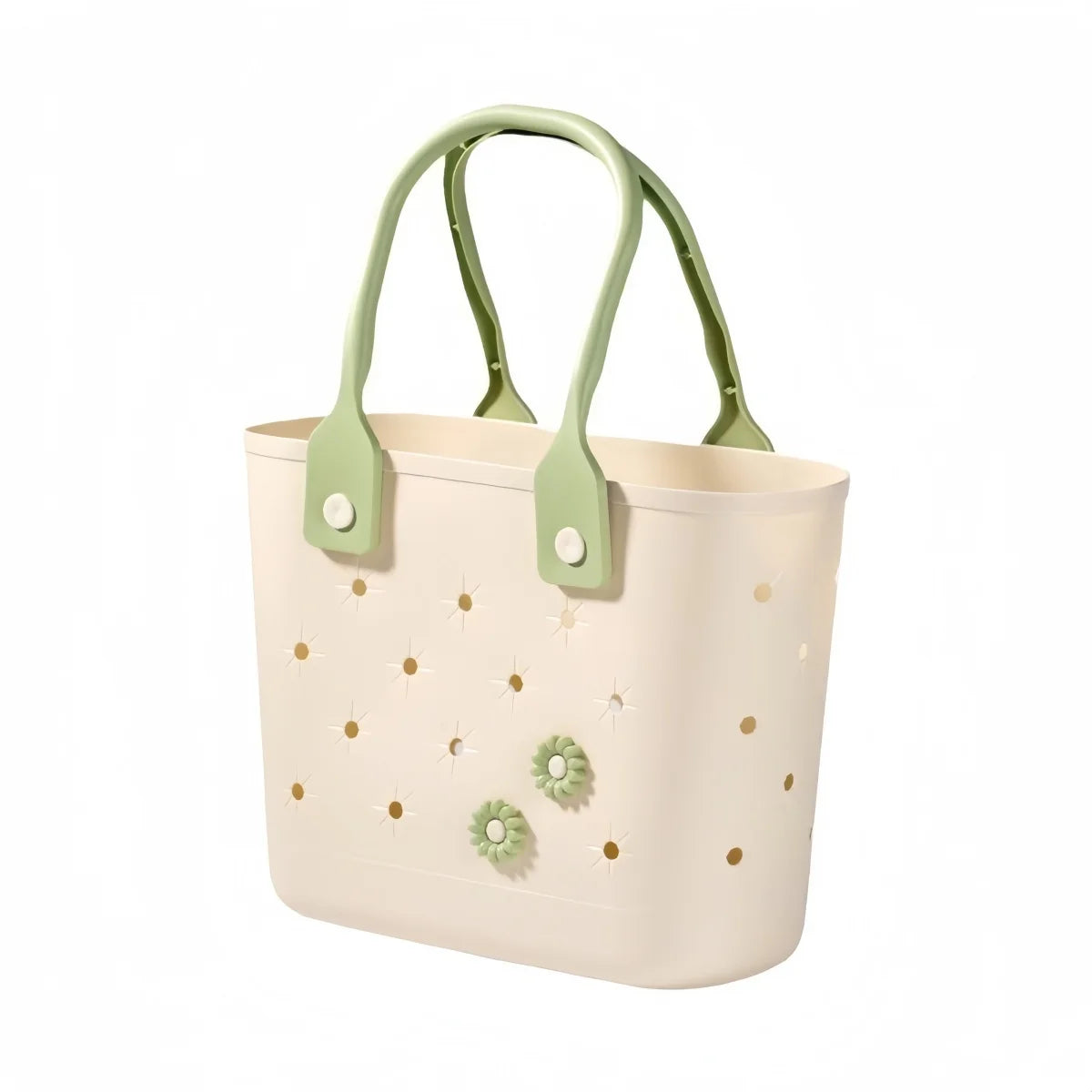 sac main moderne perforations fleurs relief vert clair beige poignées détachables décontracté rangement
