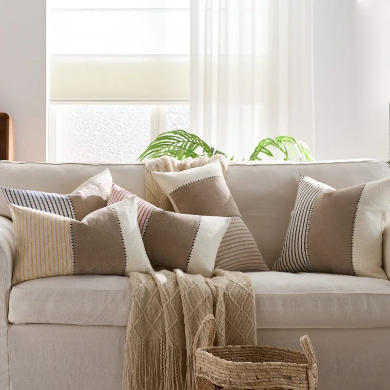 Coussins décoratifs rustiques rayés lin coton beige blanc rose bleu marine adhésifs