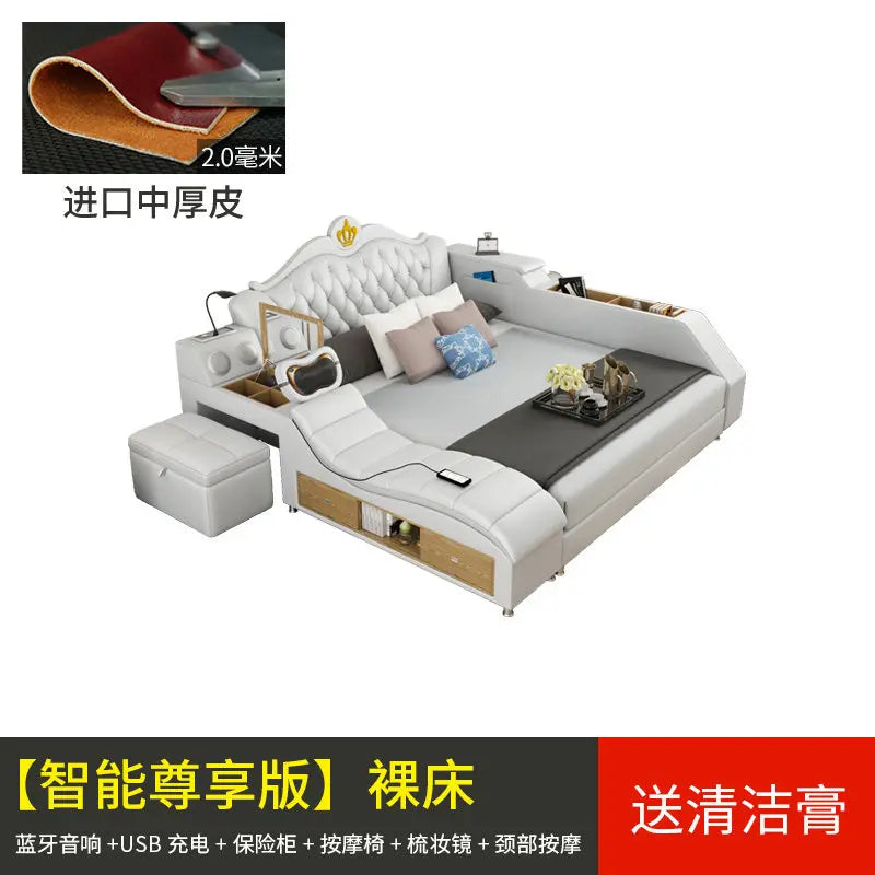 lit multifonctionnel moderne blanc gris oreillers coussins simili cuir rangement sous lit tablette intégrée