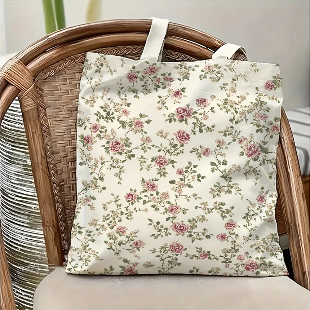 sac main fleurs roses feuilles vertes fond beige vintage romantique poignées détachables femme