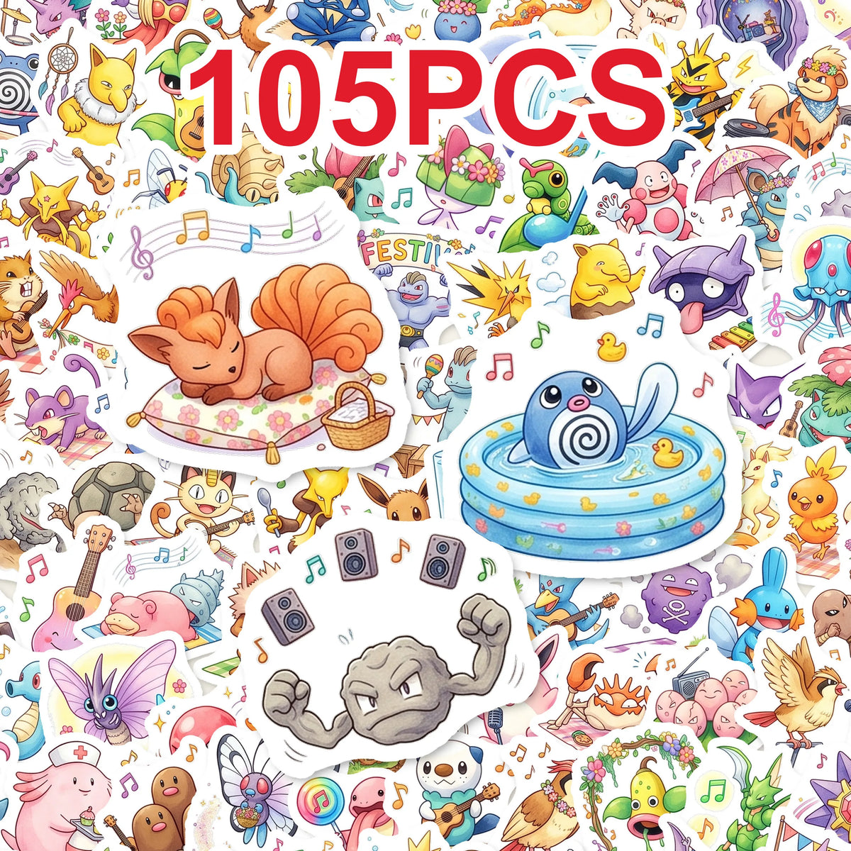 sticker anime pokemon kawaii musiquesommer watercolor enfants ado adultes 105pieces orange bleu rose vert
