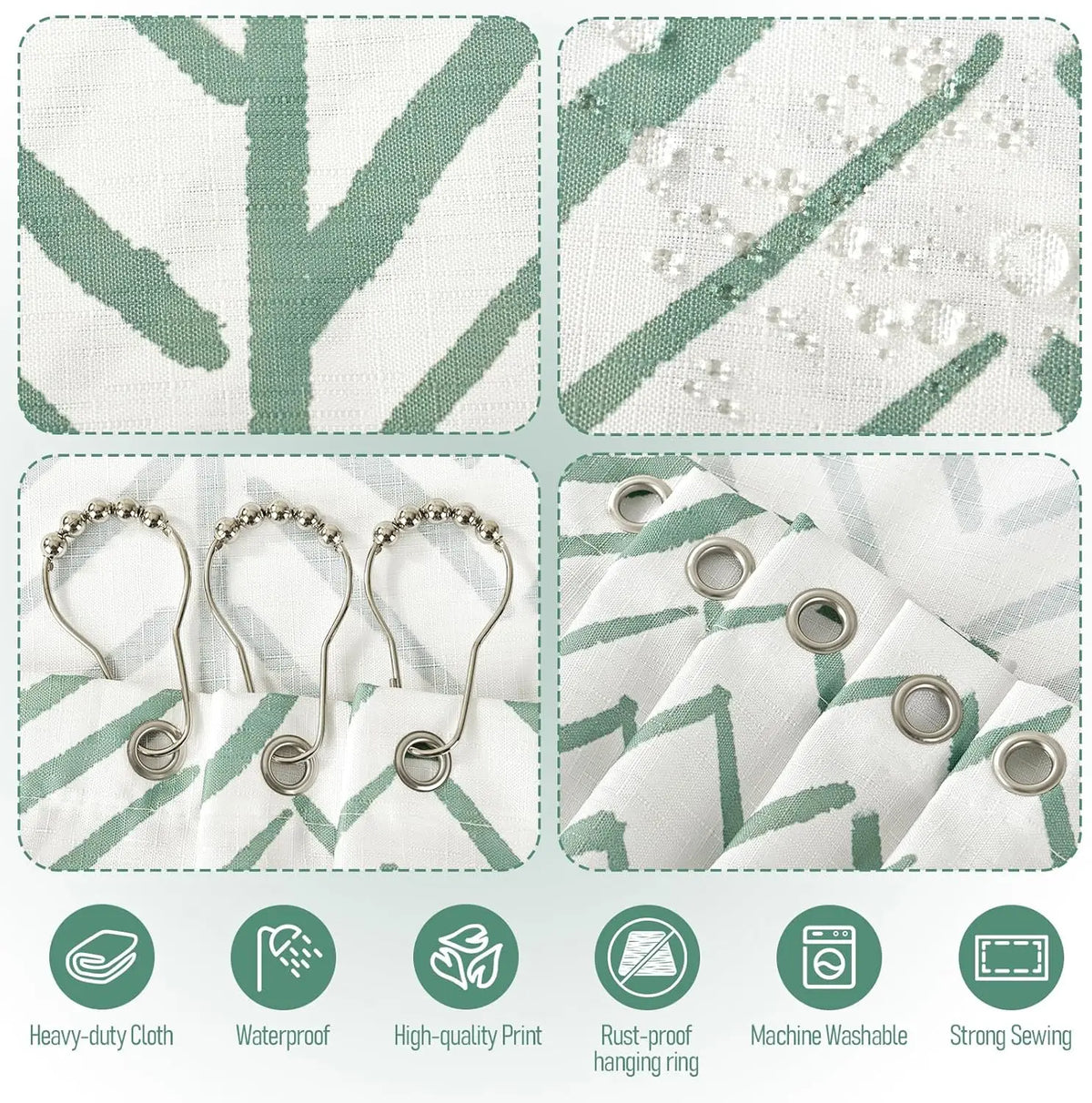 rideau douche moderne motif rayures vertes opacité tissu polyester blanc dimensions variées anneau métallique