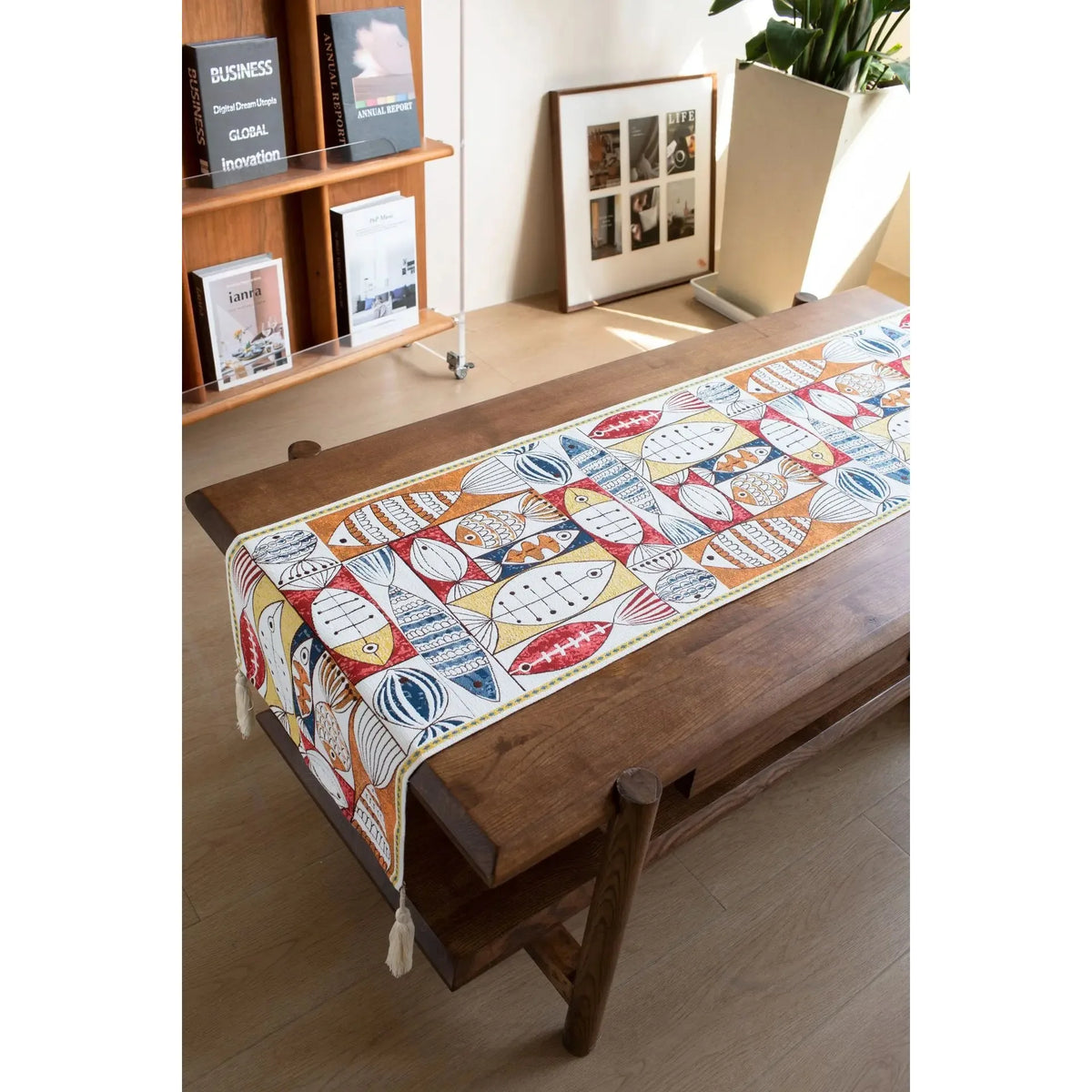 chemin table moderne multicolore motif poissons décoratif tassel blanc polyester coton