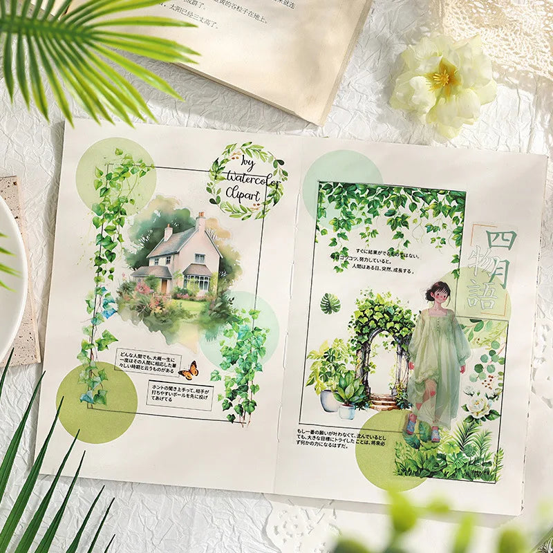 Stickers feuilles fleurs papillons motifs floraux illustration art floral adhésif vert jaune rose bleu