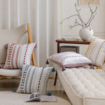coussin moderne rayé 30x90cm pompons dorés bohème arc ciel pastel