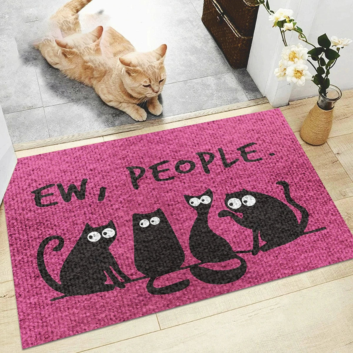 tapis d'entrée moderne antidérapant chatons wow people bienvenue extérieur salon vert beige rose bleu