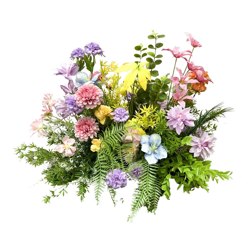 décoration intérieure moderne bouquet fleurs artificielles mixtes violet rose jaune orange verte blanches