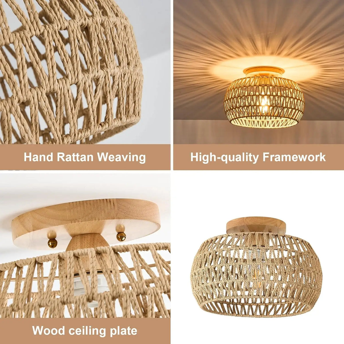lampe moderne rustique rotin tressé naturel noir fixée sans ampoule