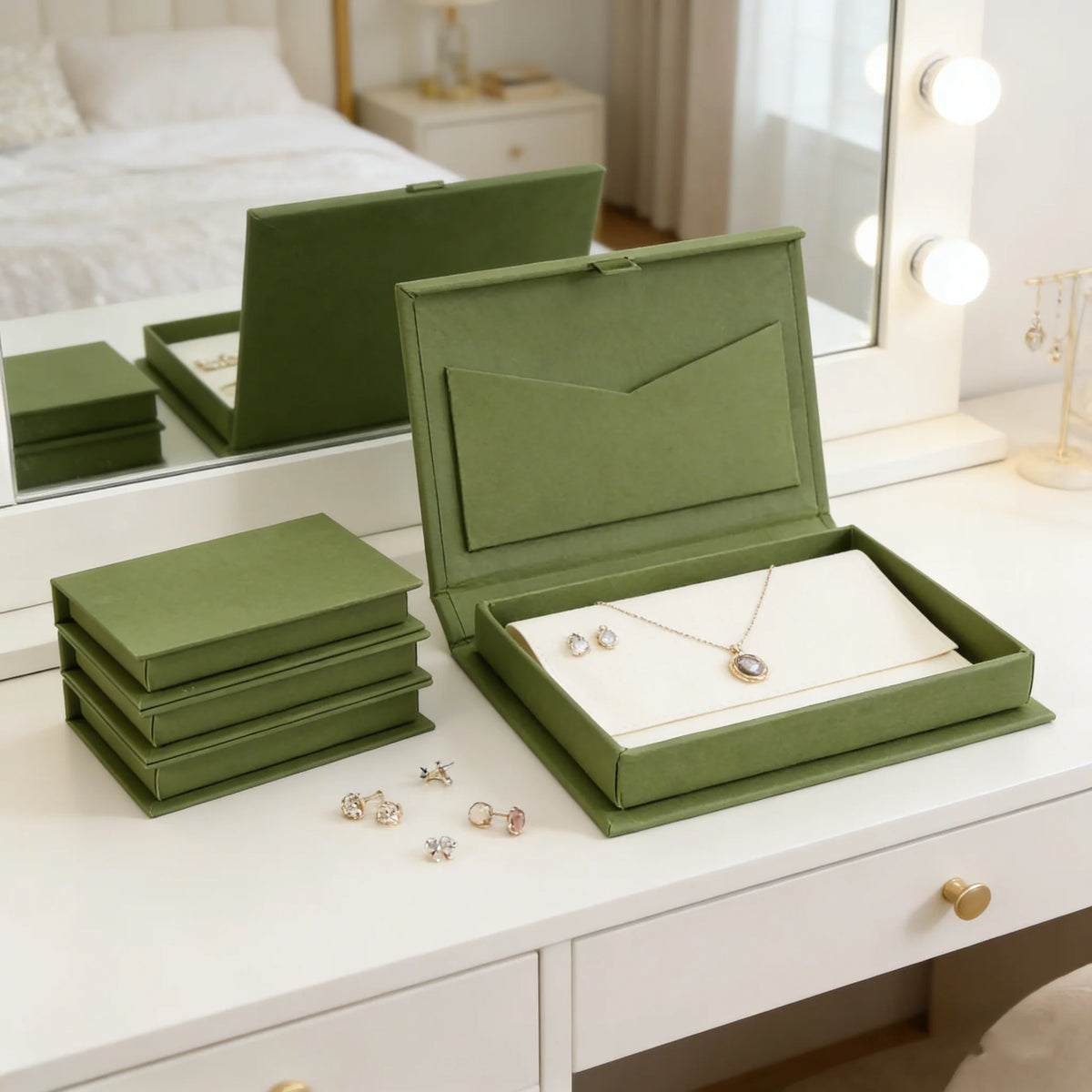boîtes bijoux réutilisables velours opaques vert olive blanc classiques