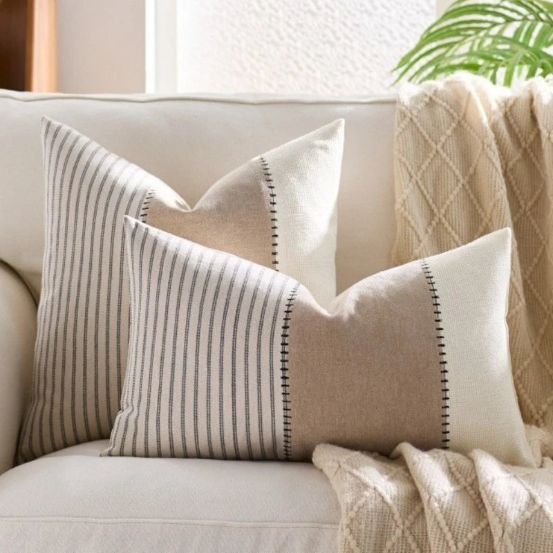Coussins décoratifs rustiques rayés lin coton beige blanc rose bleu marine adhésifs