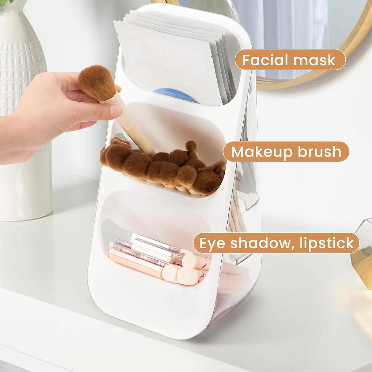 organisateur cosmétiques blanc rose transparent compartiments multiples moderne brosses pinceaux rouges lèvres fards masques