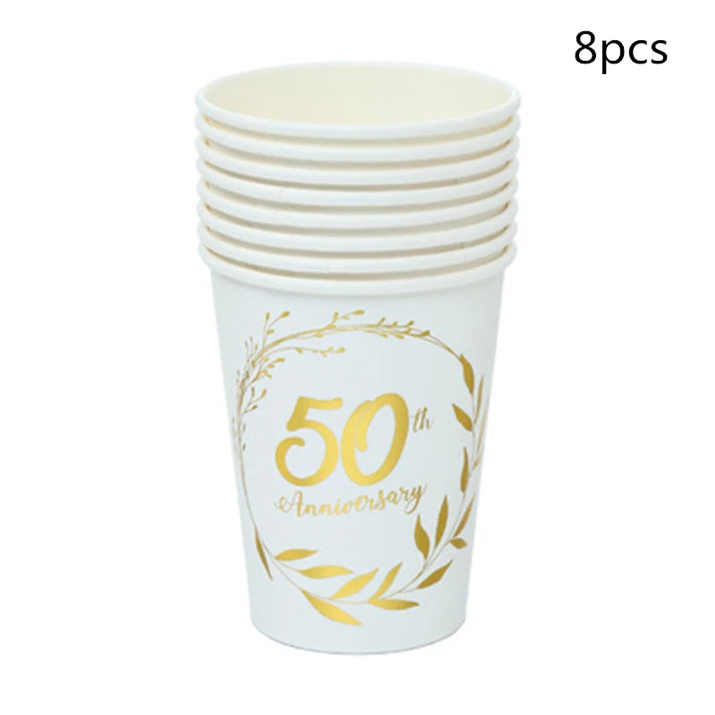 assiettes jetables dorées festives 8pcs anniversaire guirlandes feuilles textes classiques blancs