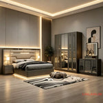 ensemble chambre coucher moderne lit tête rembourrée armoire miroir commode tiroirs tables chevet