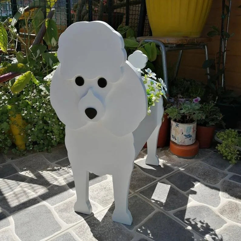 cache pot chien forme cartoon blanc beige marron noir rose vert détails visage plante