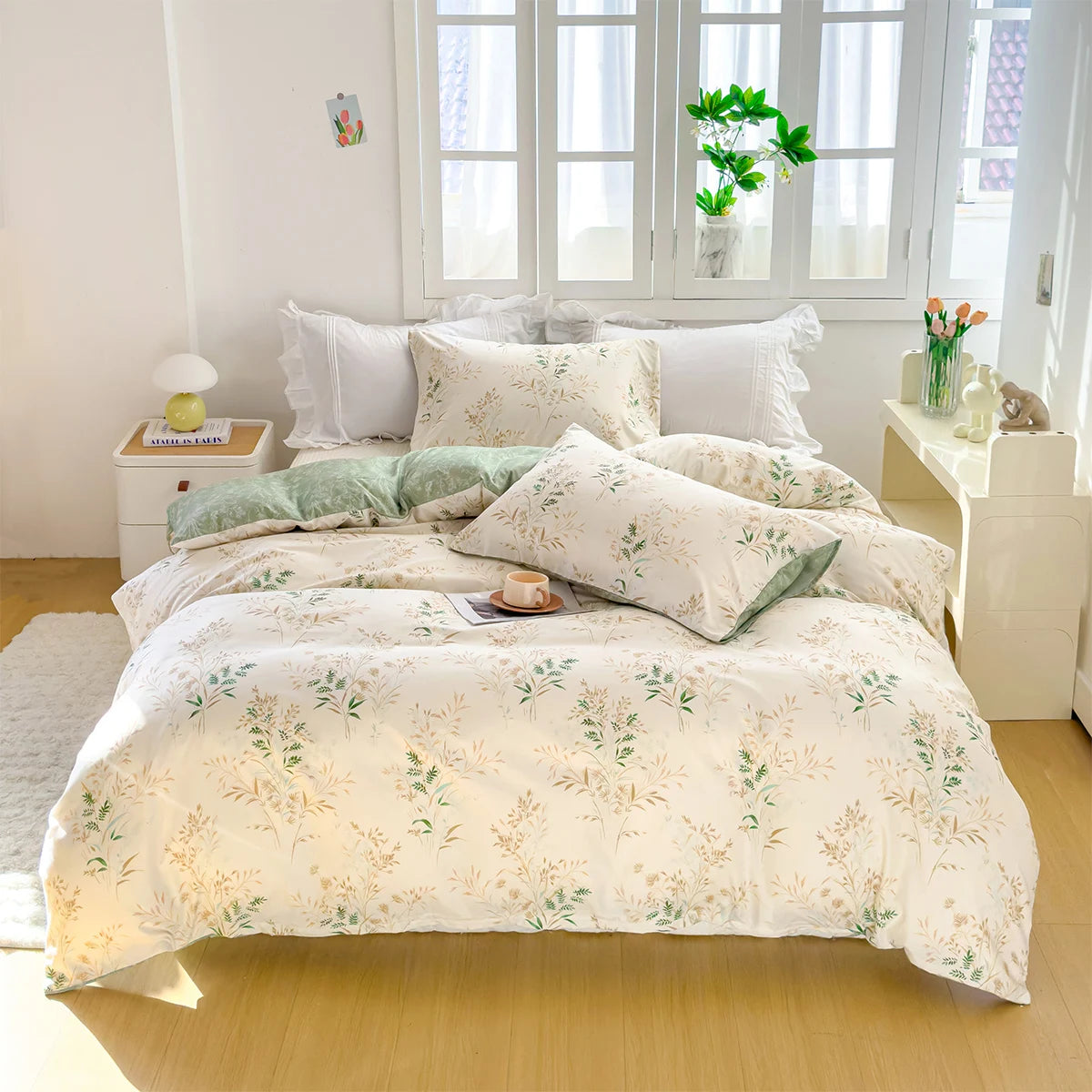 housse couette floral tissu texturé blanc cassé vert or ensemble lit doux naturel taies
