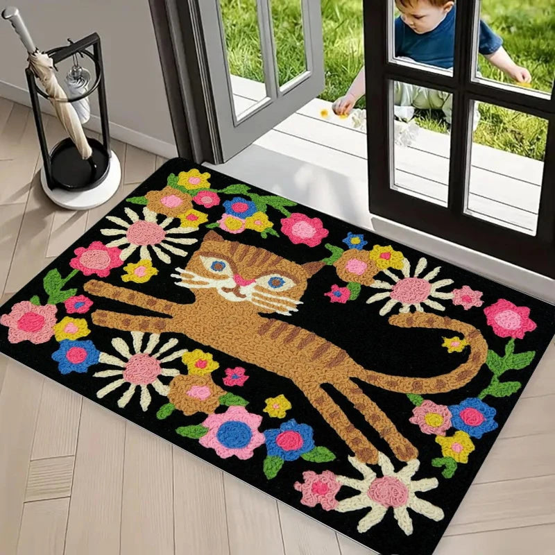 tapis moderne antidérapant chat lapin fleurs entrée garage extérieur durable polyester