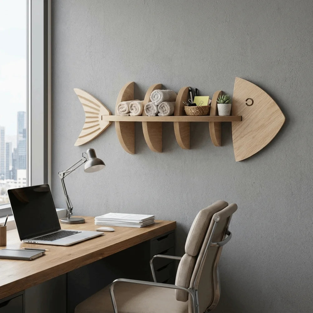 étagère murale moderne étagère bois naturel finition lisse 70cm poisson plante stylos tasse horloge