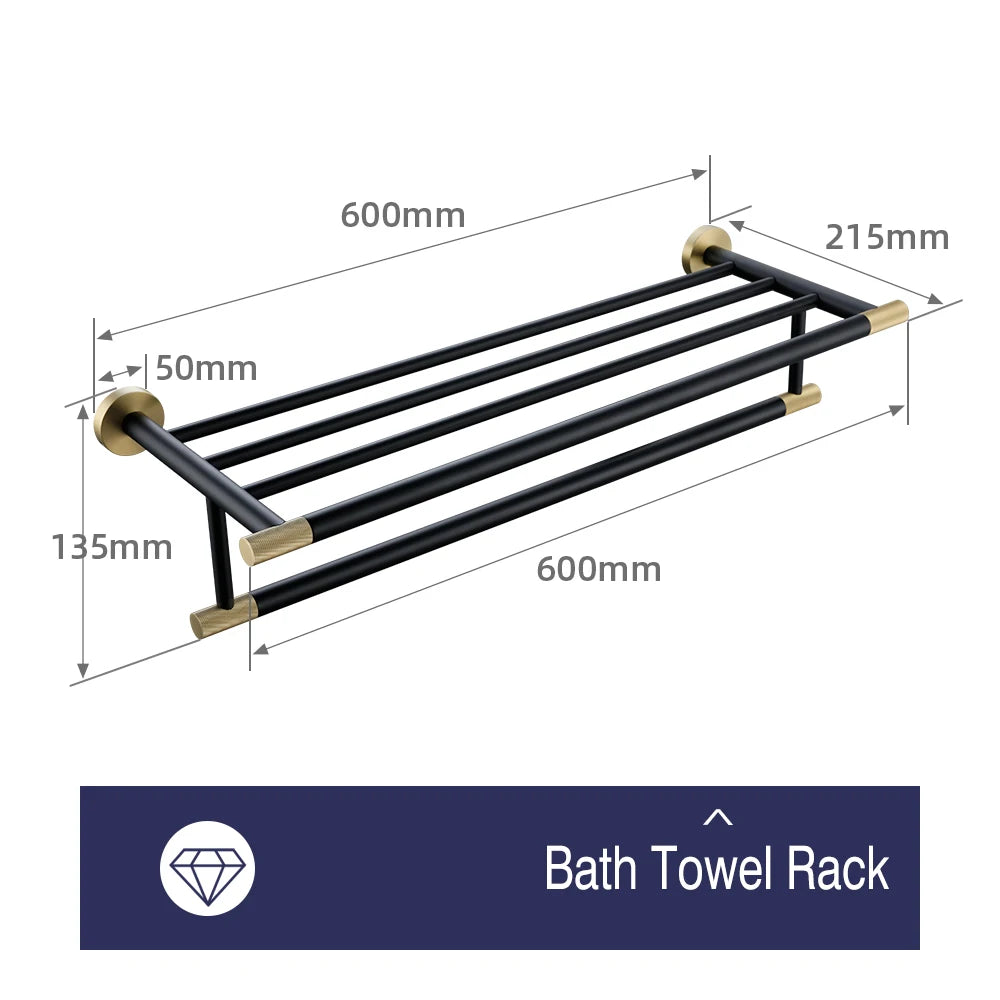 accessoires salle bains porte serviettes moderne porte savon noir doré texture moletée fixations élégants