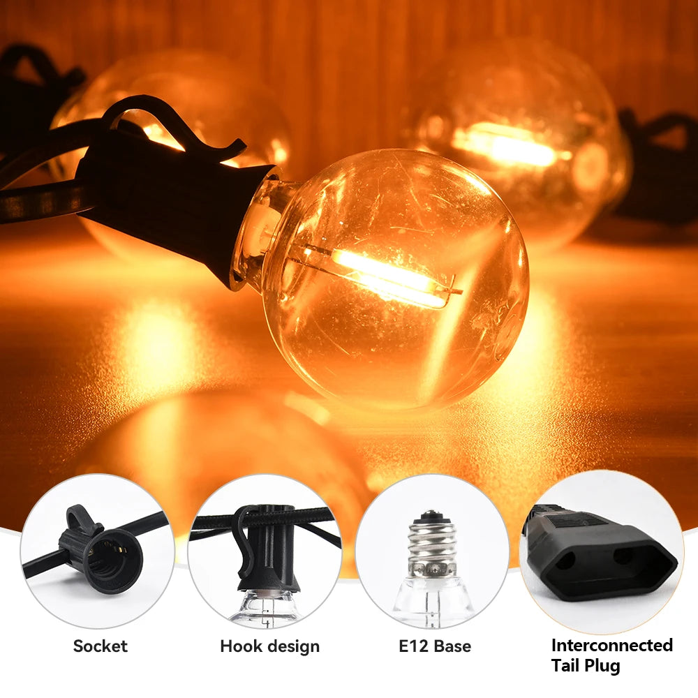 Guirlande lumineuse LED G40 multicolore décorant un jardin avec effet RVB