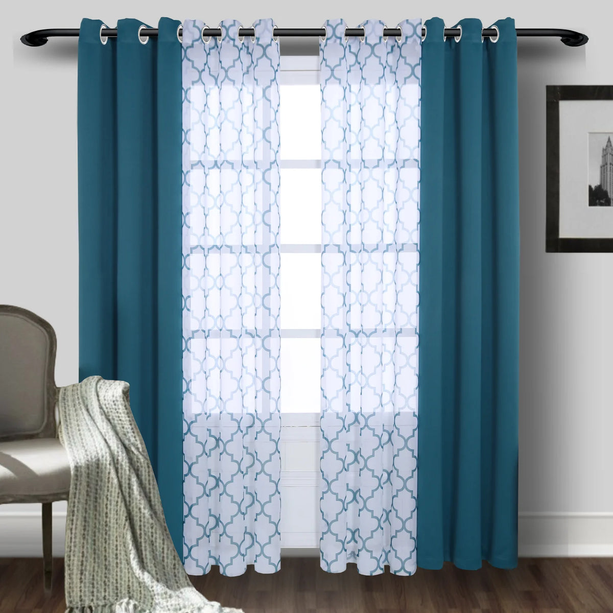 rideau moderne polyester motif géométrique bleu marine gris translucide opaque pièces chambre salon