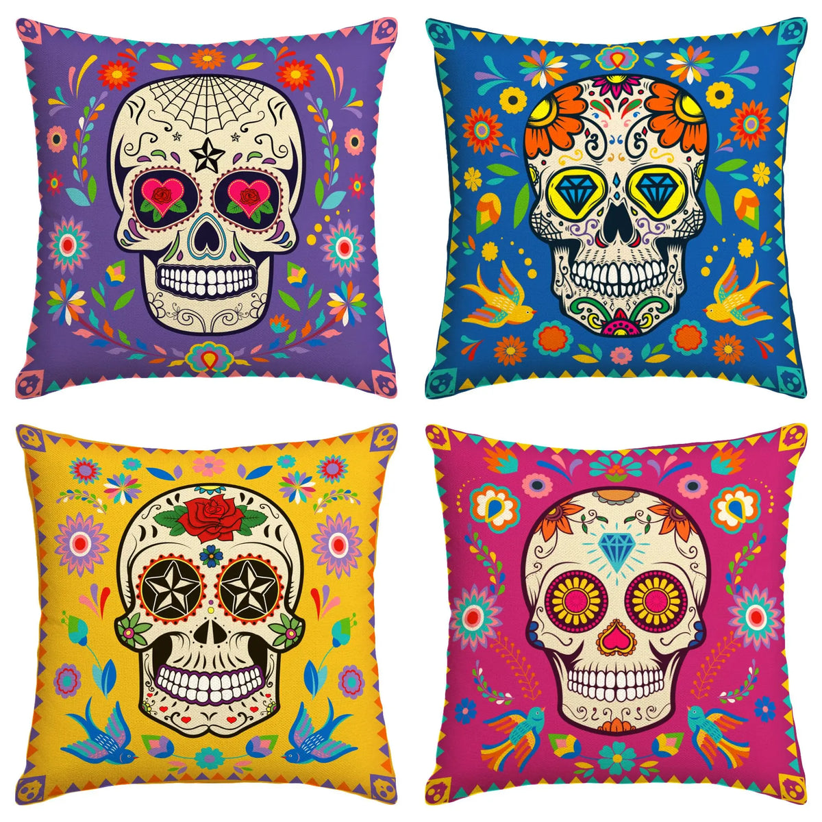 lot taies d'oreiller carrées crâne mexicain fleurs pop art violet bleu rose