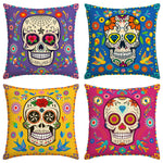 ensemble quatre taies d'oreiller décoratives crâne mexicain fleurs violet jaune folklorique maison
