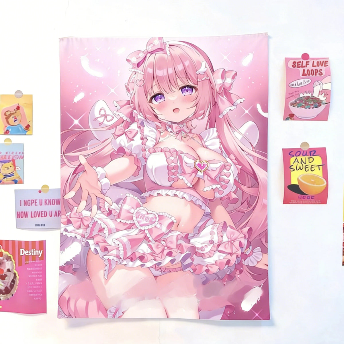 poster anime fille rose cheveux blancs rubans coeurs lavable machine chambre decoration mignonne kawaii