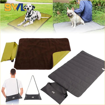 tapis pliable portable chien jaune noir marron foncé texturé duveteux sac rangementextérieur camping voyage