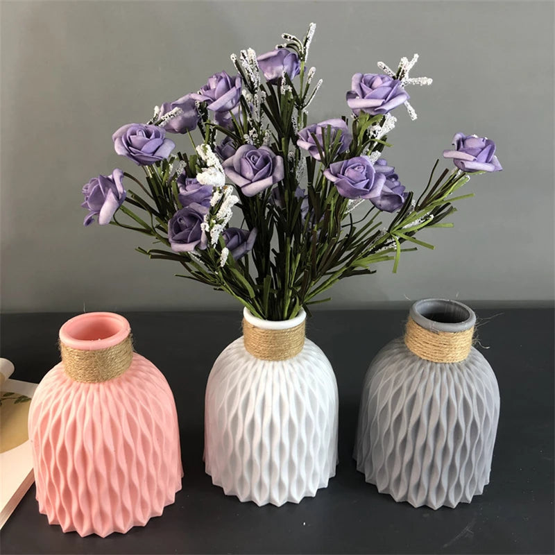 vase décoratif moderne rose fleurs artificielles corde tressée ondulé minimaliste