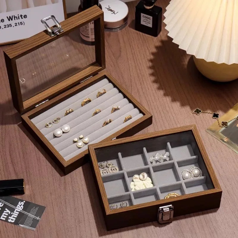 boîtes bijoux bois naturel rangement bagues boucles d'oreilles colliers verre transparent moderne respectueux environnement