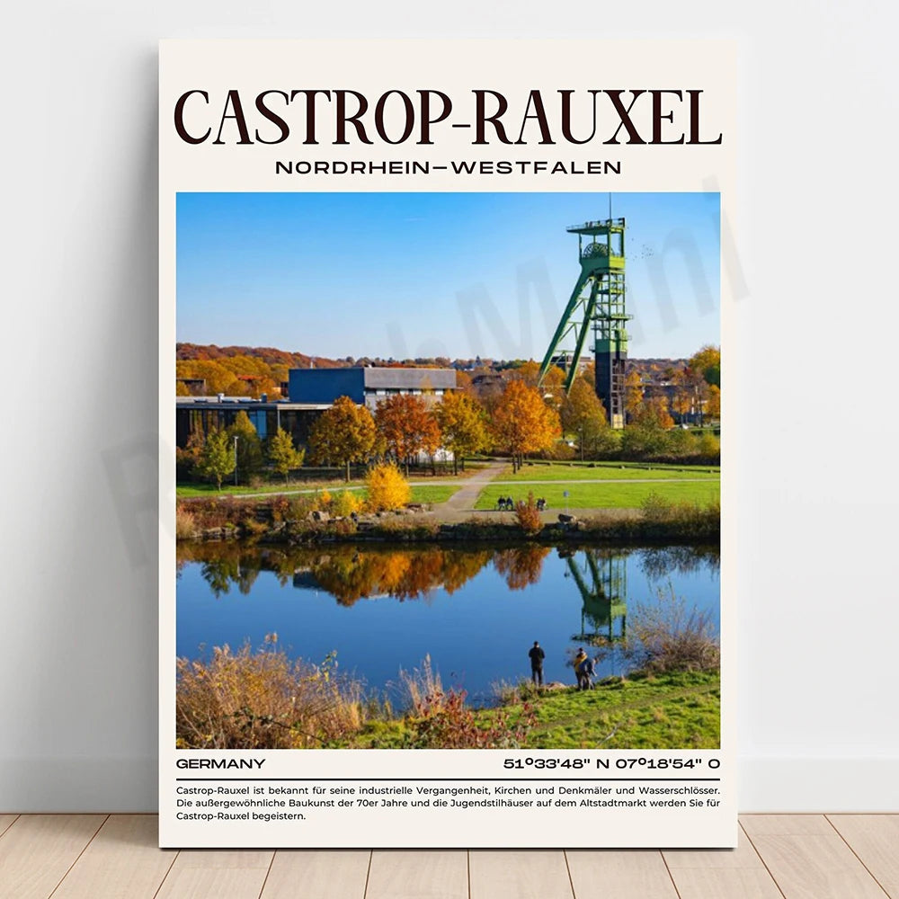Le produit présente un paysage panoramique avec un minéral industriel en premier plan, entouré d'arbres aux couleurs d'automne et d'un lac reflétant le ciel bleu.