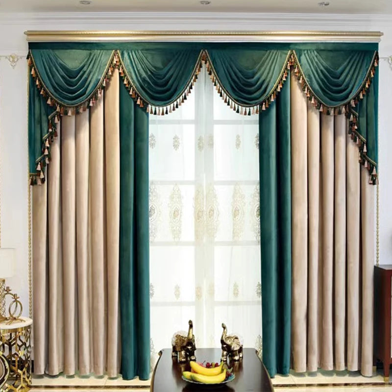 rideaux décoratifs opaques voilage transparent luxueux tissu velours franges décoratives couleur teal beige blanc