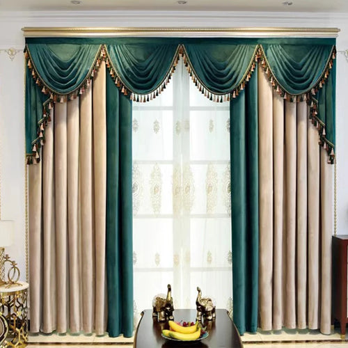 rideaux décoratifs opaques voilage transparent luxueux tissu velours franges décoratives couleur teal beige blanc