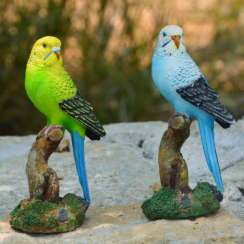 statue résine perroquet ornement extérieur décoration jardin couleurs vives plumes réalistes base bois mousse