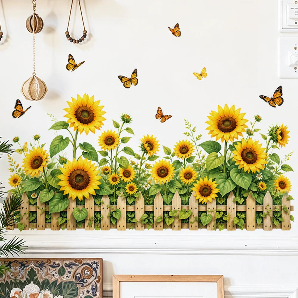 autocollants muraux tournesol papillons clôture fleurs décoration intérieure moderne blanc jaune vert marron résistants