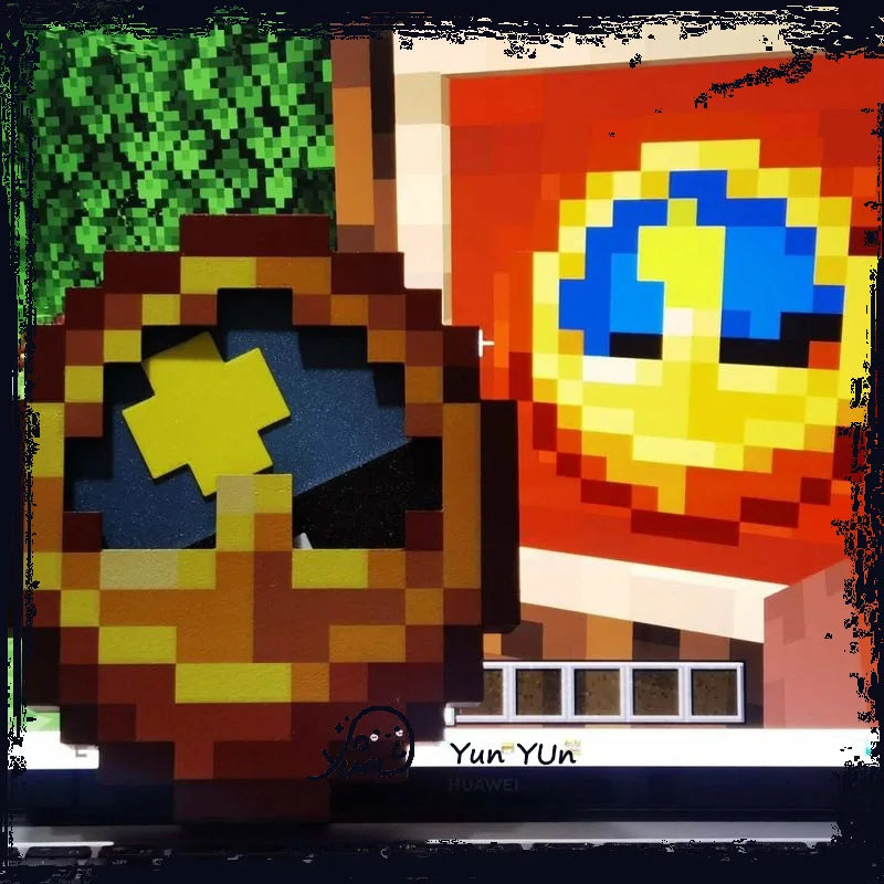 horloge murale pixel art rouge jaune bleu noir retro minecraft heures aiguilles plastique
